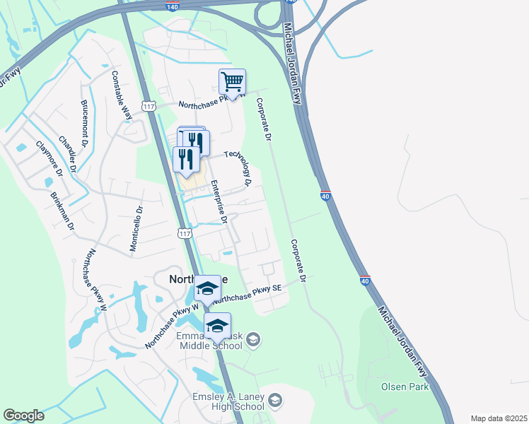 map of restaurants, bars, coffee shops, grocery stores, and more near 3001-3201 Corporate Drive in Wilmington