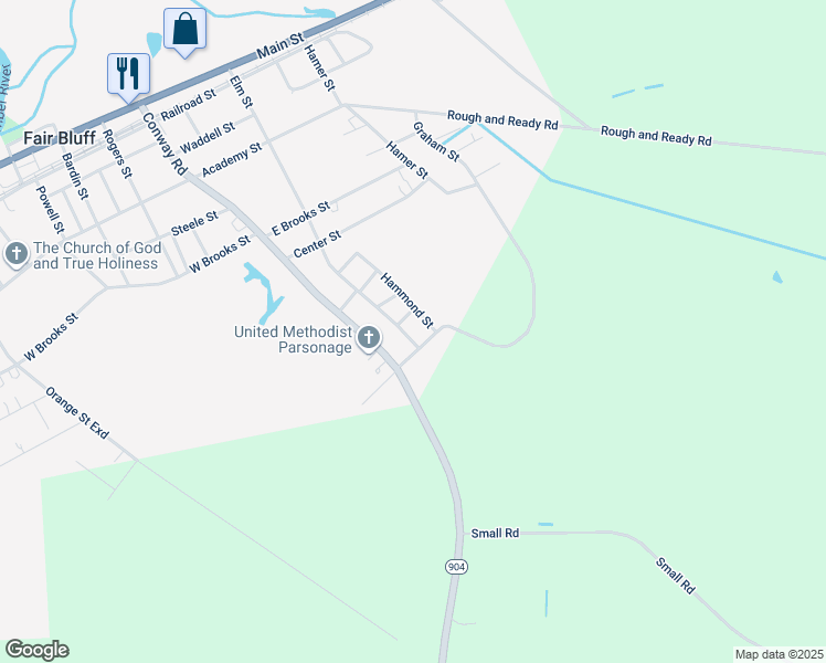 map of restaurants, bars, coffee shops, grocery stores, and more near 725 Elm Street in Fair Bluff