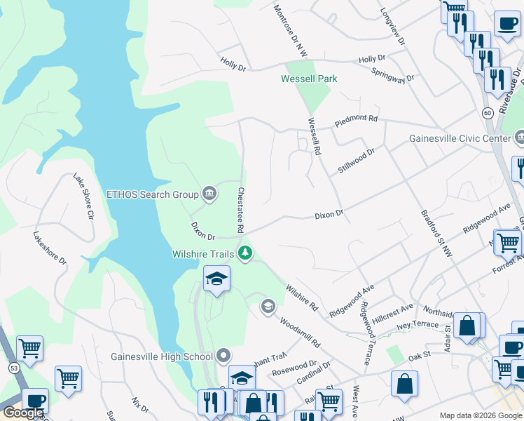 map of restaurants, bars, coffee shops, grocery stores, and more near 990 Piedmont Way in Gainesville