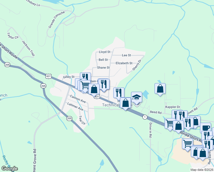 map of restaurants, bars, coffee shops, grocery stores, and more near 6307 Jarmon Road in Guntersville