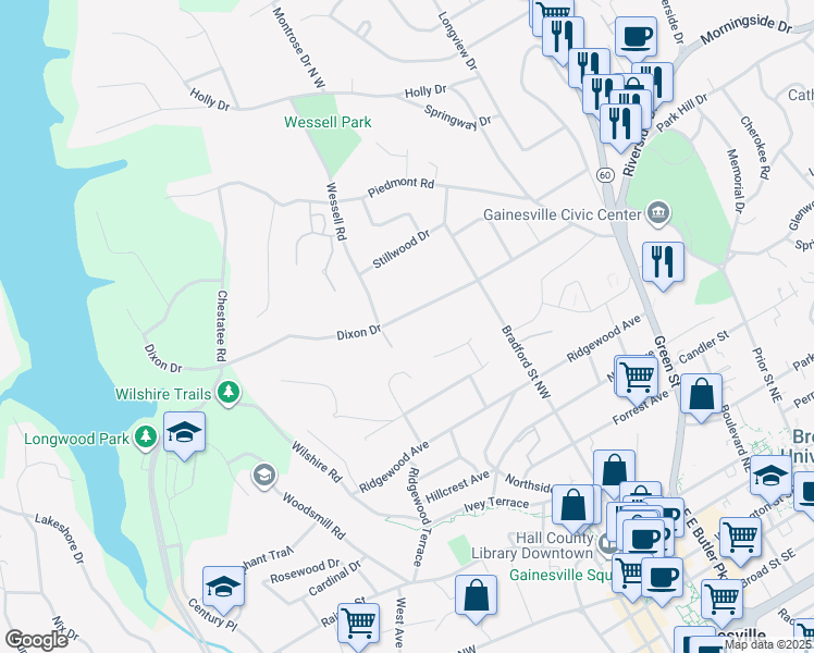 map of restaurants, bars, coffee shops, grocery stores, and more near 621 Dixon Dr in Gainesville
