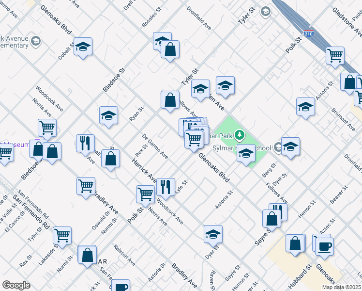 map of restaurants, bars, coffee shops, grocery stores, and more near Nurmi Street in Los Angeles