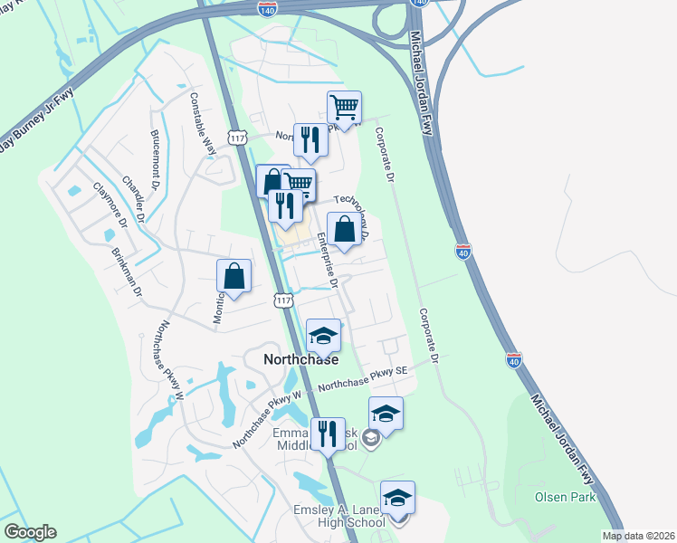 map of restaurants, bars, coffee shops, grocery stores, and more near 3007 Lauren Place Drive in Wilmington