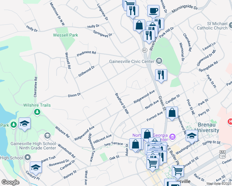 map of restaurants, bars, coffee shops, grocery stores, and more near 730 Bradford Street North in Gainesville