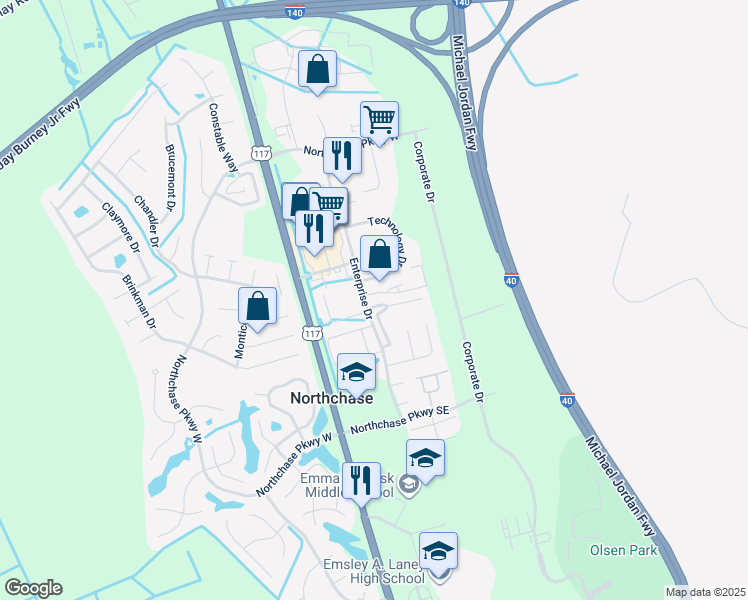 map of restaurants, bars, coffee shops, grocery stores, and more near 3007 Lauren Place Drive in Wilmington