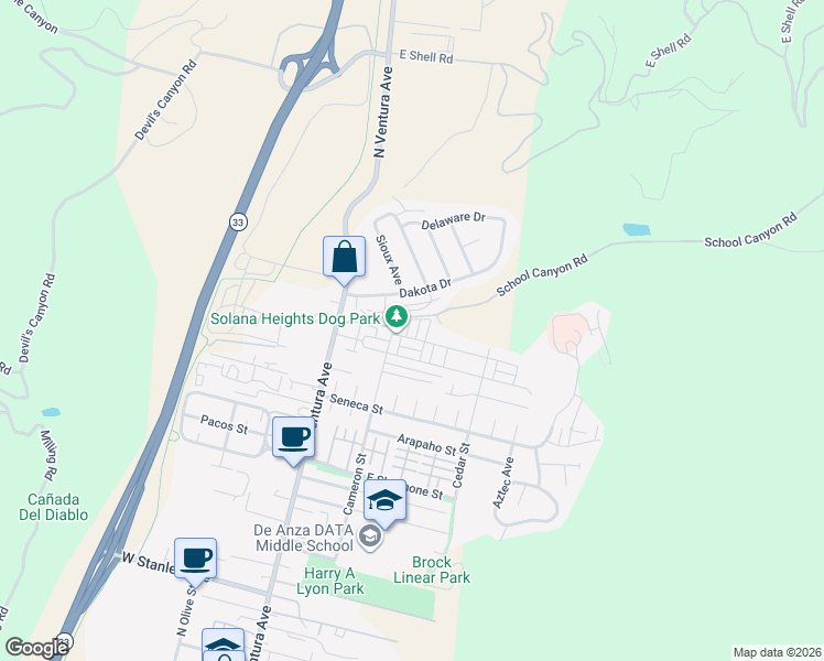 map of restaurants, bars, coffee shops, grocery stores, and more near 2694 Cameron Street in Ventura