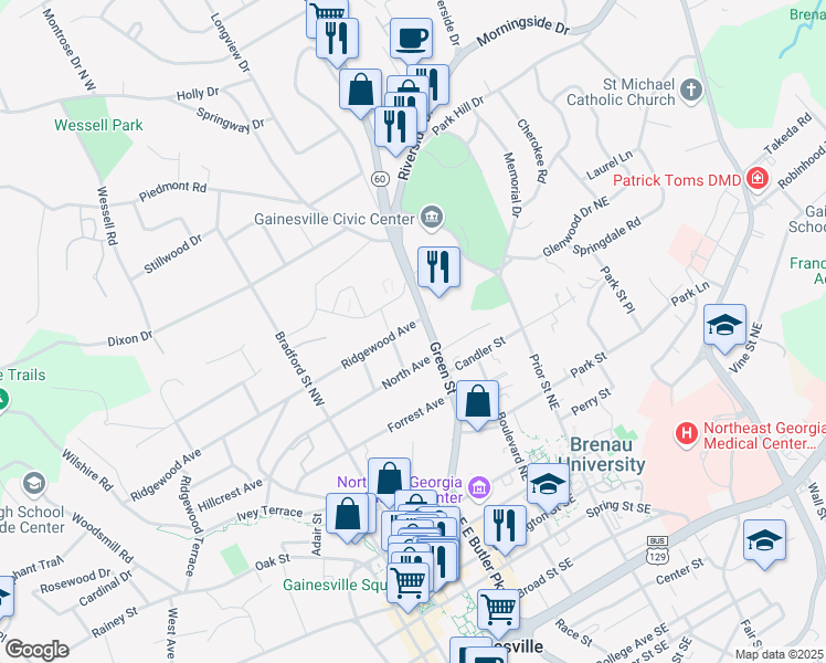 map of restaurants, bars, coffee shops, grocery stores, and more near 635 Green Street Northeast in Gainesville
