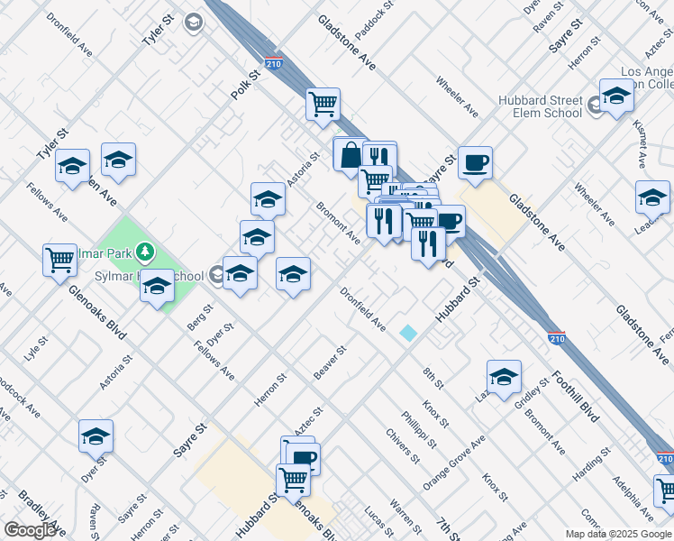 map of restaurants, bars, coffee shops, grocery stores, and more near 13050 Dronfield Avenue in Los Angeles