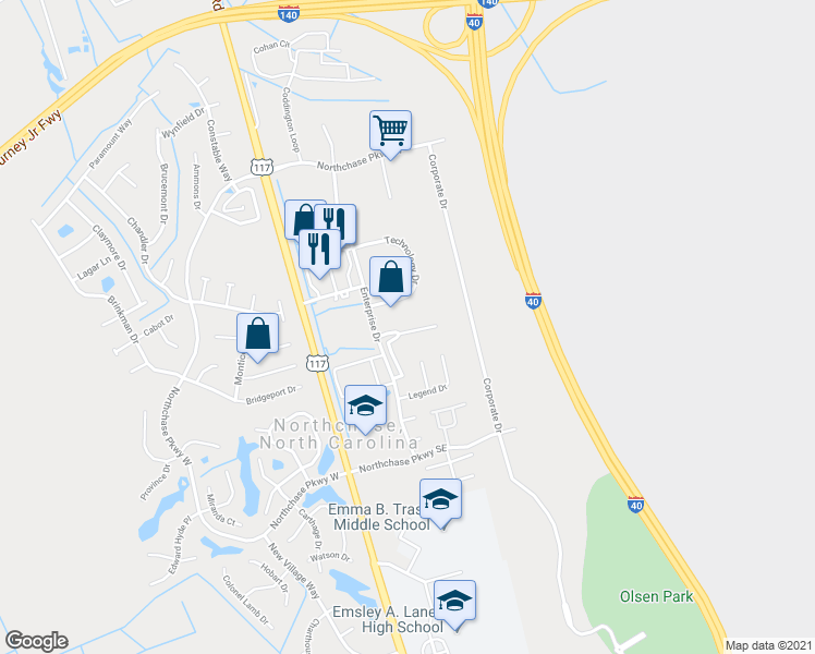 map of restaurants, bars, coffee shops, grocery stores, and more near 3011 Lauren Place Drive in Wilmington