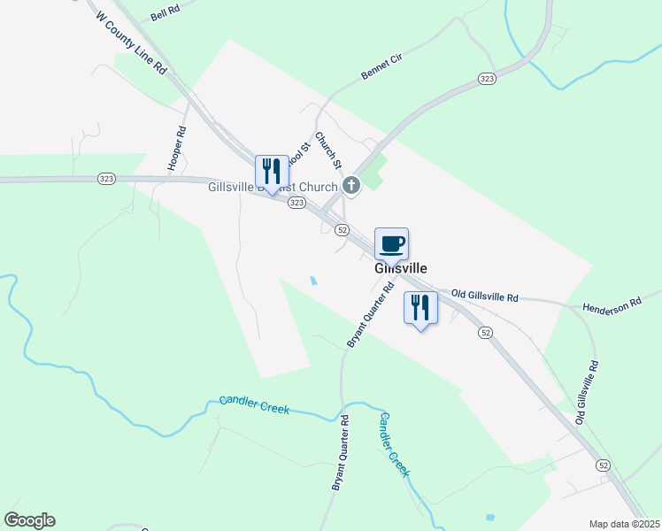 map of restaurants, bars, coffee shops, grocery stores, and more near 6242 Georgia 52 in Gillsville