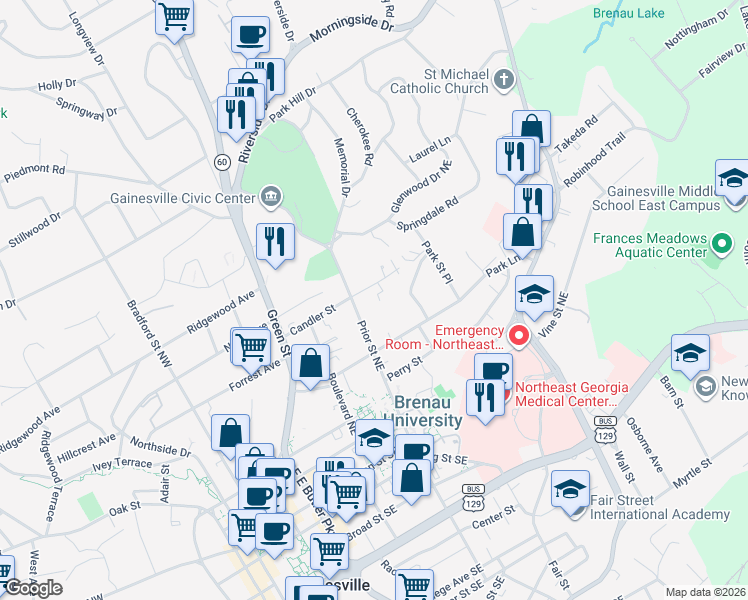 map of restaurants, bars, coffee shops, grocery stores, and more near 810 Candler Street in Gainesville
