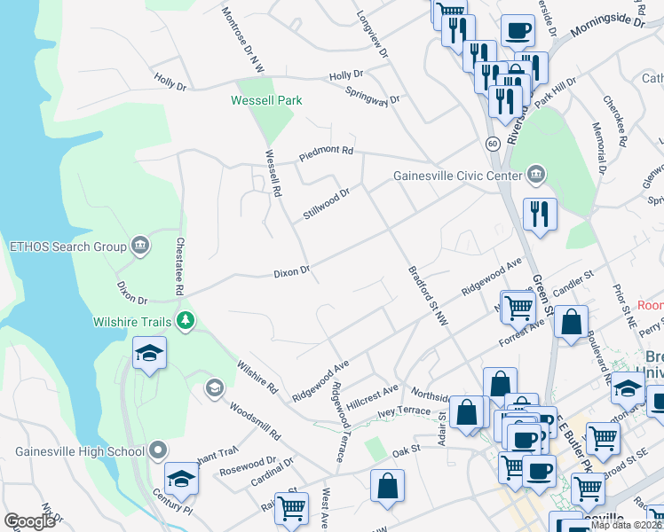 map of restaurants, bars, coffee shops, grocery stores, and more near 621 Dixon Drive in Gainesville
