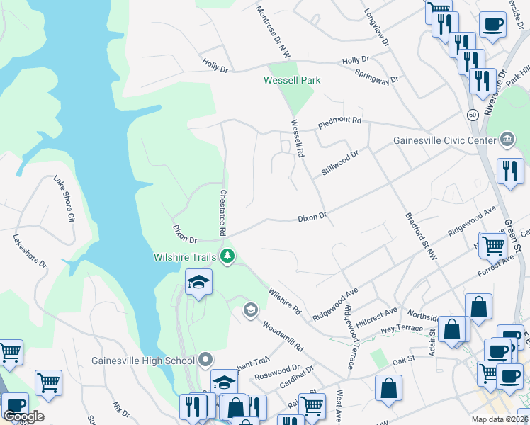 map of restaurants, bars, coffee shops, grocery stores, and more near 770 Dixon Drive in Gainesville