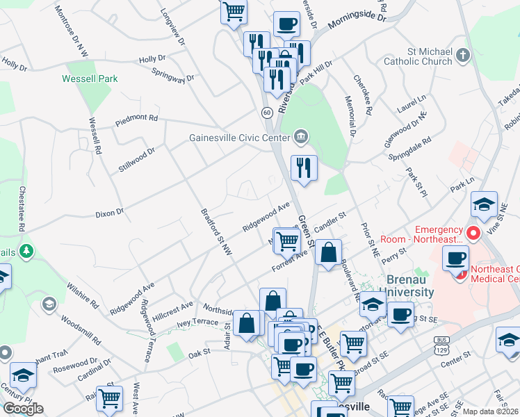map of restaurants, bars, coffee shops, grocery stores, and more near 729 Simmons Street in Gainesville