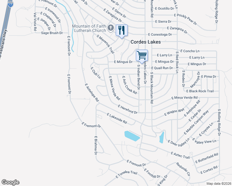 map of restaurants, bars, coffee shops, grocery stores, and more near 20199 East Cedar Canyon Drive in Mayer
