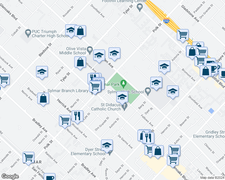 map of restaurants, bars, coffee shops, grocery stores, and more near 13100 Fellows Avenue in Los Angeles