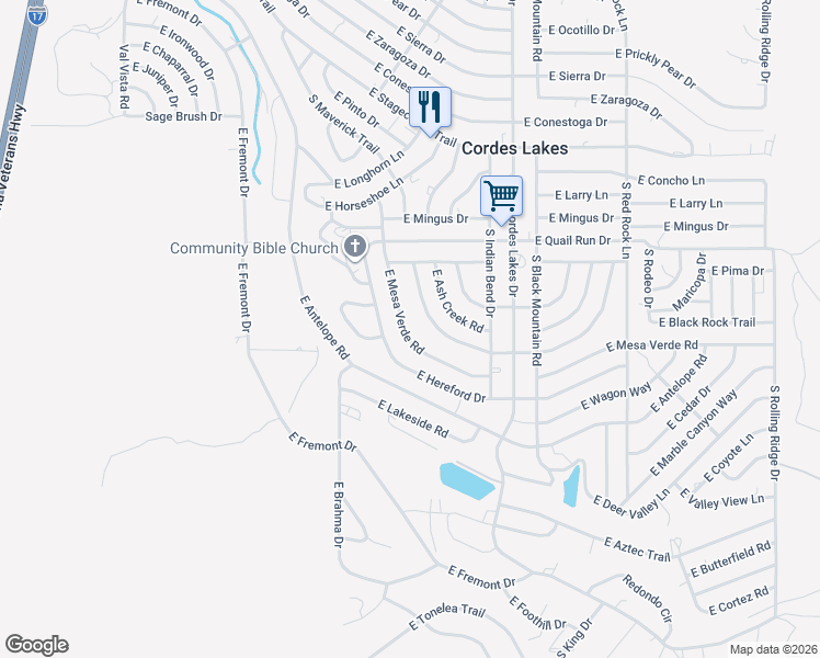 map of restaurants, bars, coffee shops, grocery stores, and more near 20199 East Cedar Canyon Drive in Mayer