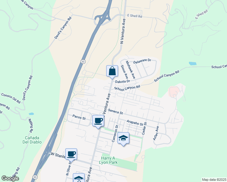 map of restaurants, bars, coffee shops, grocery stores, and more near 55 Willett Street in Ventura