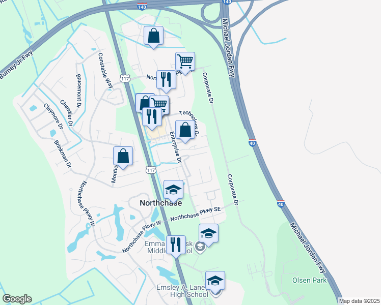 map of restaurants, bars, coffee shops, grocery stores, and more near 3009 Lauren Place Drive in Wilmington