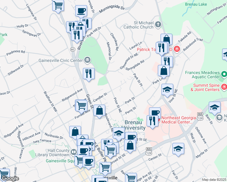 map of restaurants, bars, coffee shops, grocery stores, and more near 470 Prior Street Northeast in Gainesville
