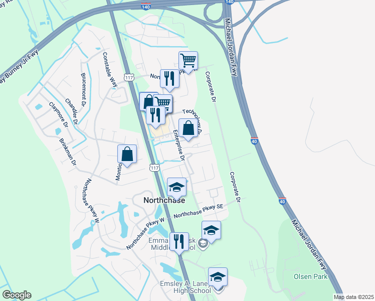 map of restaurants, bars, coffee shops, grocery stores, and more near 3007 Lauren Place Drive in Wilmington