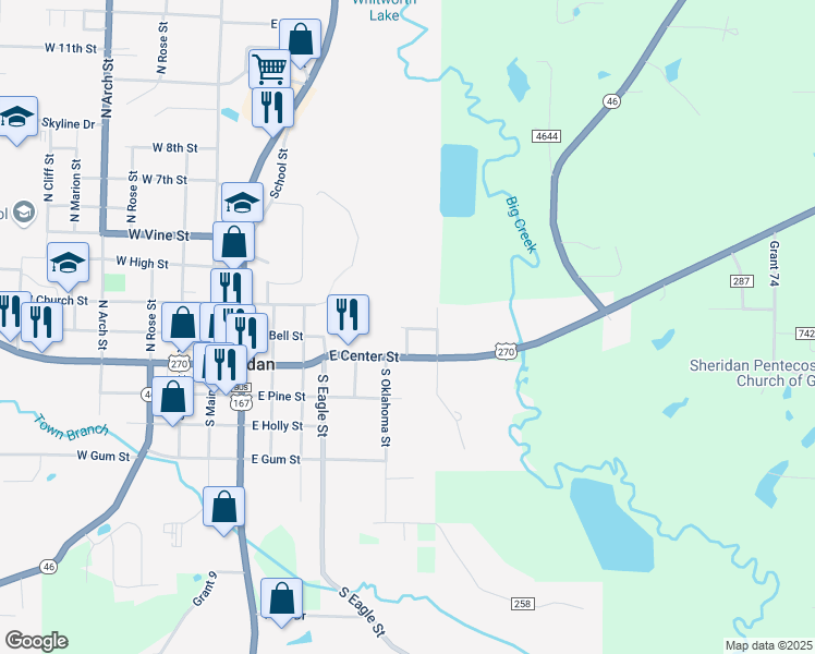 map of restaurants, bars, coffee shops, grocery stores, and more near 201 East 2nd Street in Sheridan