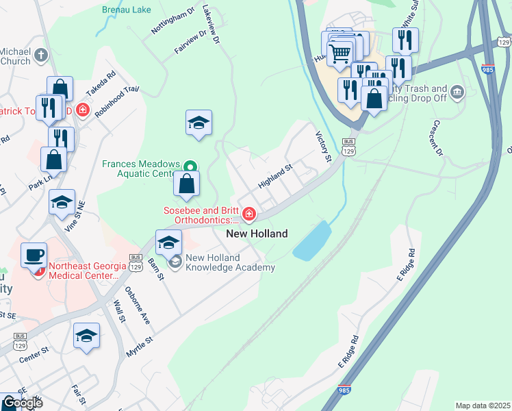 map of restaurants, bars, coffee shops, grocery stores, and more near 9 Quarry Street in Gainesville