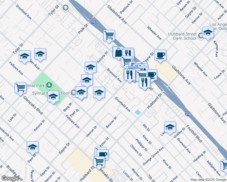 map of restaurants, bars, coffee shops, grocery stores, and more near 13050 Dronfield Avenue in Los Angeles