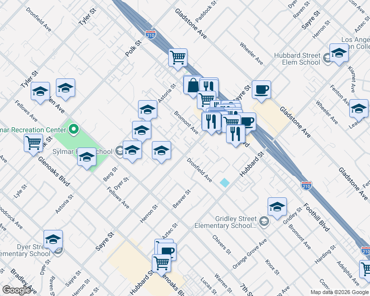 map of restaurants, bars, coffee shops, grocery stores, and more near 13050 Dronfield Avenue in Los Angeles