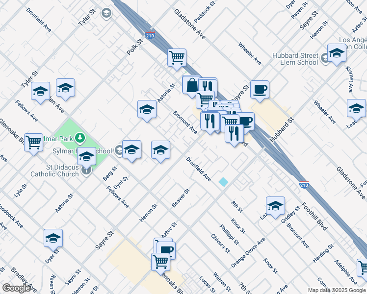 map of restaurants, bars, coffee shops, grocery stores, and more near 13040 Dronfield Avenue in Los Angeles