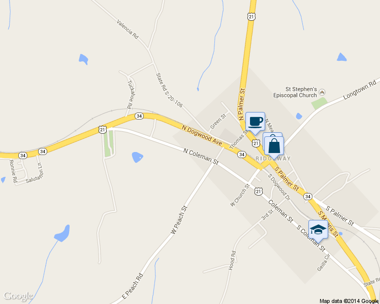 map of restaurants, bars, coffee shops, grocery stores, and more near 525 North Coleman Street in Ridgeway