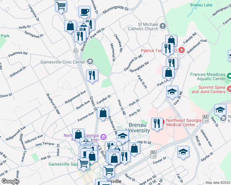 map of restaurants, bars, coffee shops, grocery stores, and more near Candler Street in Gainesville