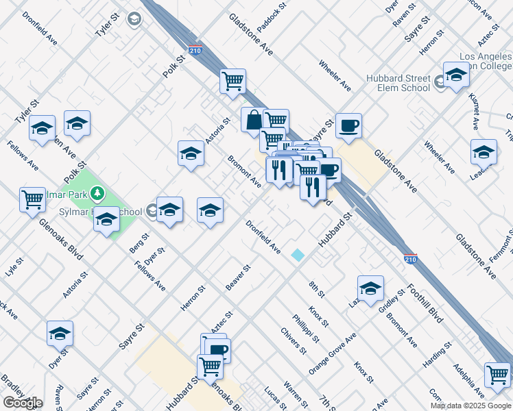 map of restaurants, bars, coffee shops, grocery stores, and more near 13880 Sayre Street in Los Angeles