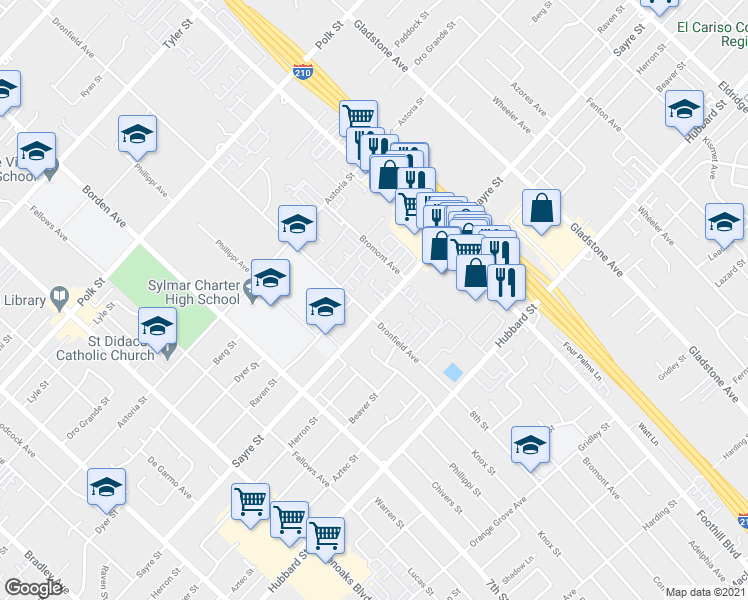 map of restaurants, bars, coffee shops, grocery stores, and more near 13050 Dronfield Avenue in Los Angeles