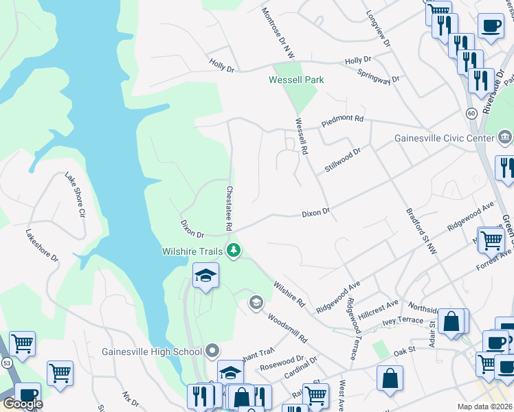map of restaurants, bars, coffee shops, grocery stores, and more near 1012 Piedmont Way in Gainesville