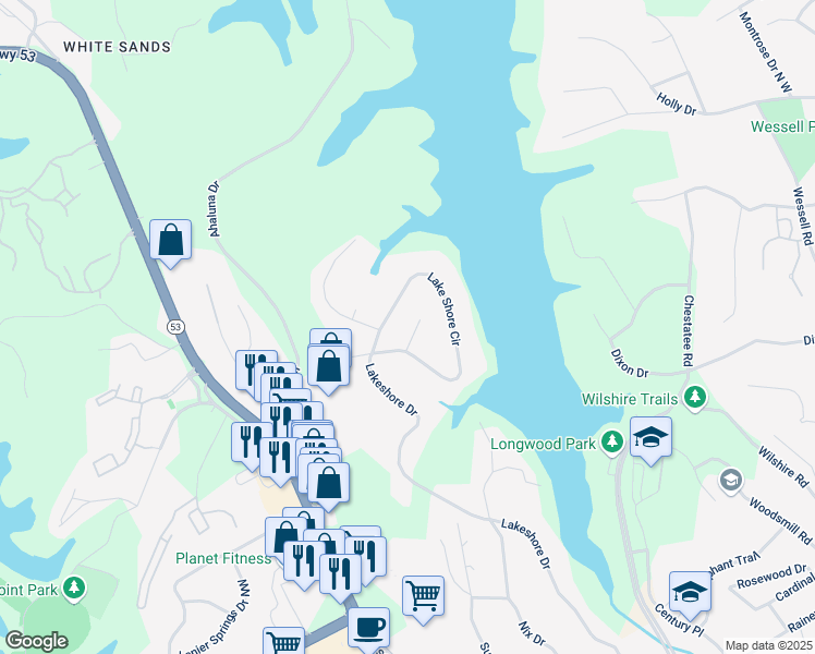 map of restaurants, bars, coffee shops, grocery stores, and more near 1327 Lakeshore Place in Gainesville