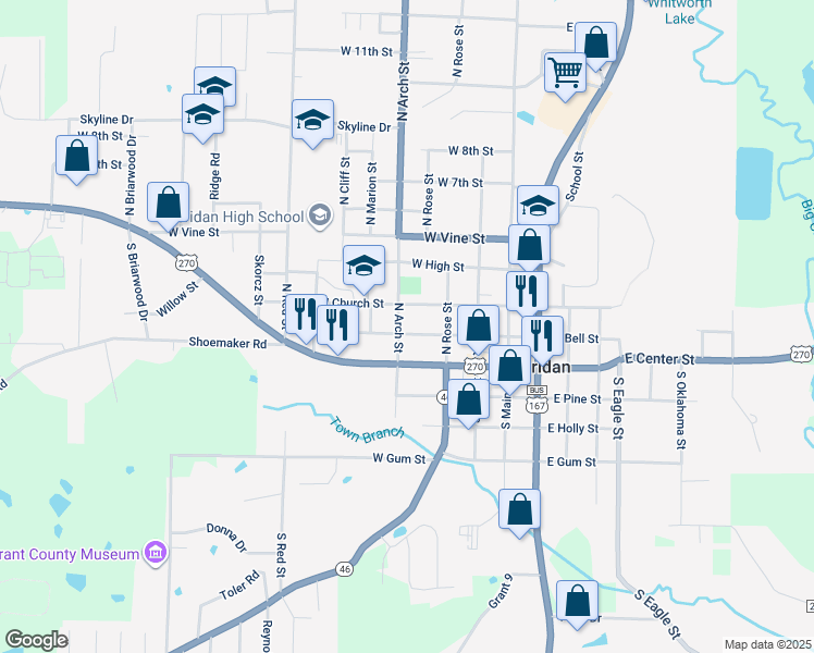 map of restaurants, bars, coffee shops, grocery stores, and more near 210 North Arch Street in Sheridan