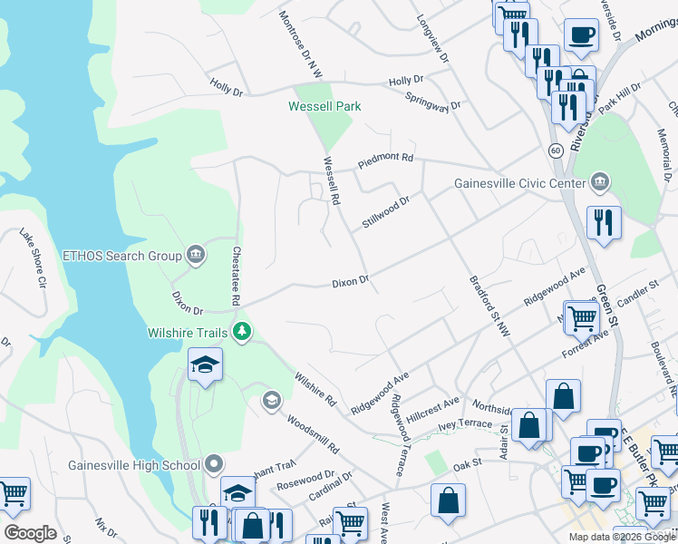map of restaurants, bars, coffee shops, grocery stores, and more near 696 Dixon Drive in Gainesville