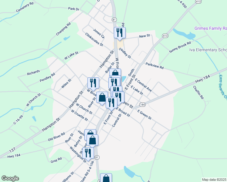 map of restaurants, bars, coffee shops, grocery stores, and more near 104 West Green Street in Abbeville