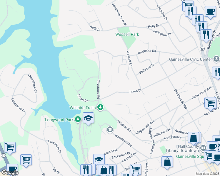 map of restaurants, bars, coffee shops, grocery stores, and more near 1012 Piedmont Way in Gainesville