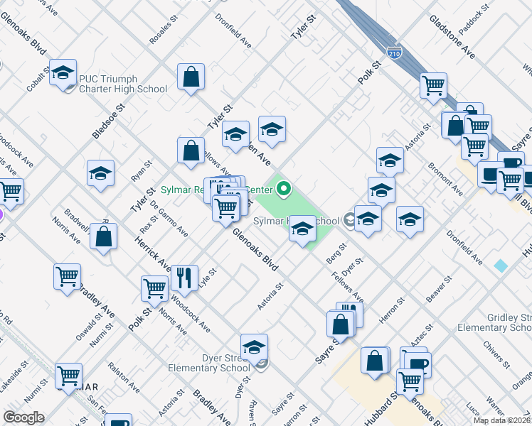 map of restaurants, bars, coffee shops, grocery stores, and more near 13108 Fellows Avenue in Los Angeles