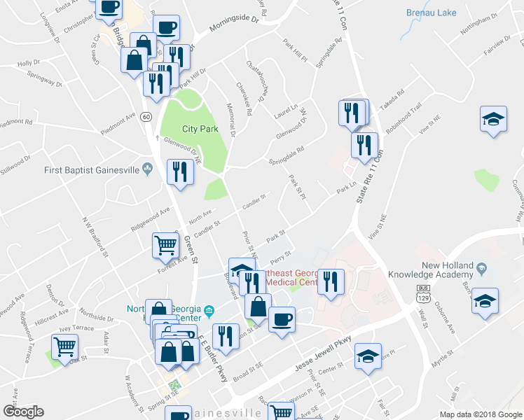 map of restaurants, bars, coffee shops, grocery stores, and more near 850 Candler Street in Gainesville