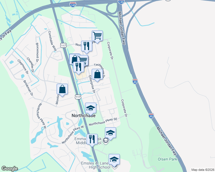 map of restaurants, bars, coffee shops, grocery stores, and more near 3011 Lauren Place Drive in Wilmington
