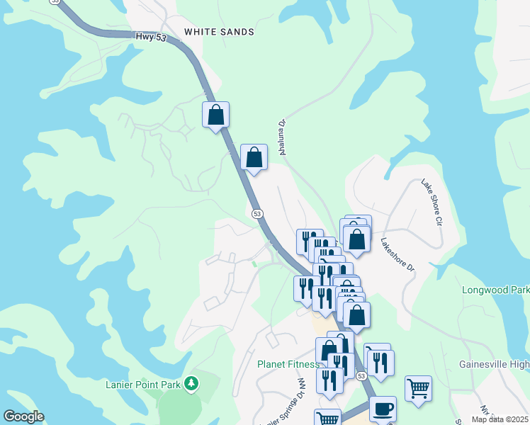 map of restaurants, bars, coffee shops, grocery stores, and more near 1508 Dawsonville Highway in Gainesville