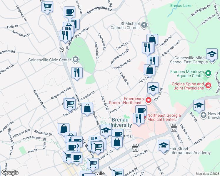 map of restaurants, bars, coffee shops, grocery stores, and more near 850 Candler Street in Gainesville