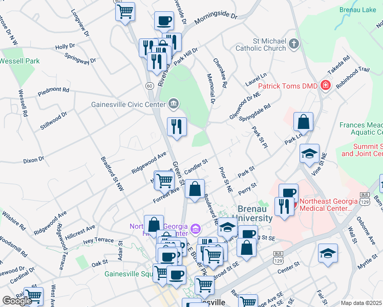 map of restaurants, bars, coffee shops, grocery stores, and more near 525 Candler Street in Gainesville