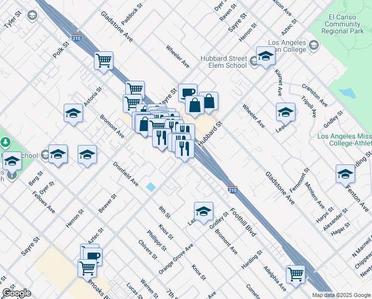 map of restaurants, bars, coffee shops, grocery stores, and more near 13645 Foothill Boulevard in Los Angeles