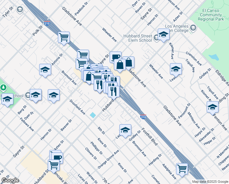 map of restaurants, bars, coffee shops, grocery stores, and more near 13645 Foothill Boulevard in Los Angeles
