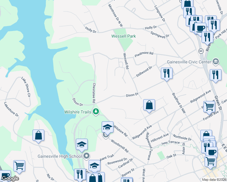 map of restaurants, bars, coffee shops, grocery stores, and more near 770 Dixon Drive in Gainesville