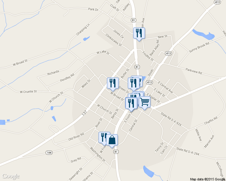 map of restaurants, bars, coffee shops, grocery stores, and more near 302 W Broad St in Iva